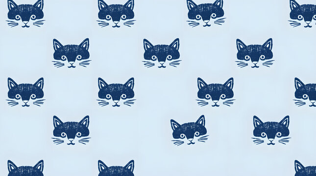 Simple repeating pattern of blue hand drawn cat heads