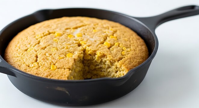 A warm and delicious cornbread in a cast iron skillet on a white surface