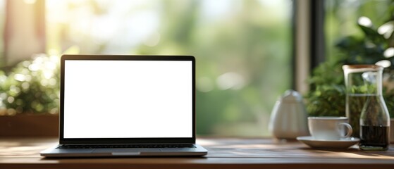 Fototapeta premium Open laptop with blank screen on wooden desk in sunny office