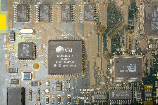 Prague, CZ - 2026.04.14: Vintage Apple Macintosh Quadra 800 motherboard with ATT, motorola and NCR chips. motherboard circuit showcasing the cross-company hardware collaboration . Editorial
