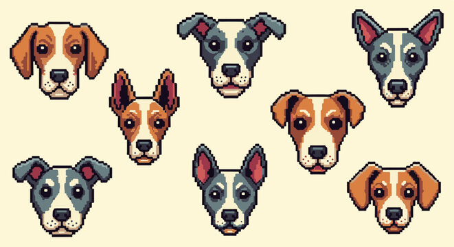 A pixel art collection featuring eight distinct dog faces in varying colors and ear styles