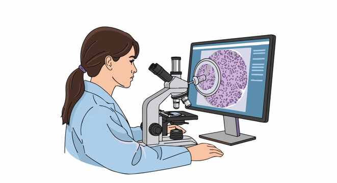 A scientist examines a microscopic image on a computer screen via a microscope