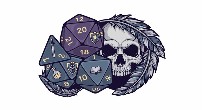 A pile of dice and a skull adorned with feathers, symbolizing gaming and fantasy