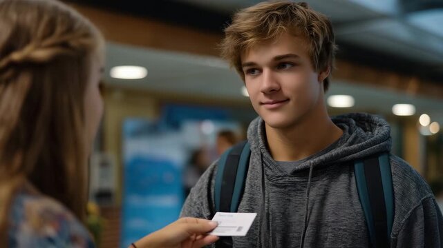 Mental health first aid volunteer offers crisis text line card to struggling teenager in school hallway providing discreet access to professional support resources during acute psy