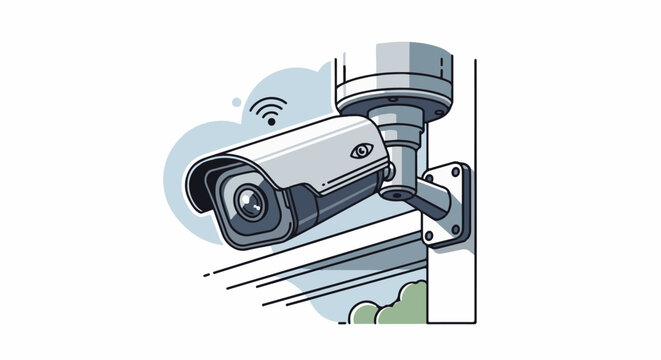 A security camera mounted on a pole, observing with an eye-shaped indicator