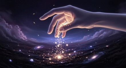 Naklejka premium Human hand reaches out to sprinkle glowing stardust over a vast dark galaxy.