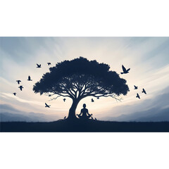 Obraz premium Lone figure meditates under a sprawling tree with birds in flight