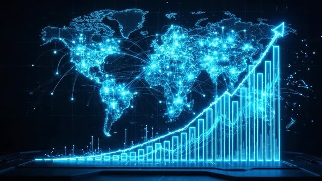 Global market growth digital world map rising bar chart blue data network financial analytics business strategy world connection economic expansion global growth chart digital world map rising bar