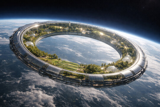 Futuristic Ring Space Station with Green Ecosystem Orbiting Earth