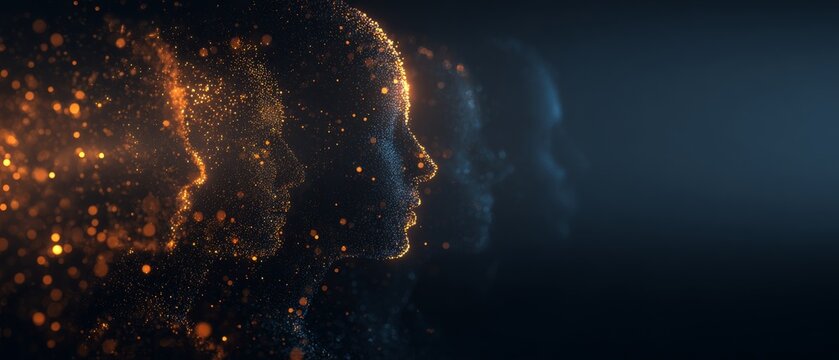 Abstract digital human faces with glowing particles in dark background