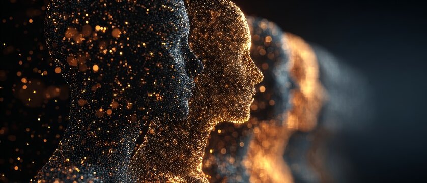 Abstract digital human faces with glowing particles in dark space