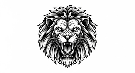 Obraz premium Fierce Lion Head Roaring with Open Mouth Detailed Illustration.