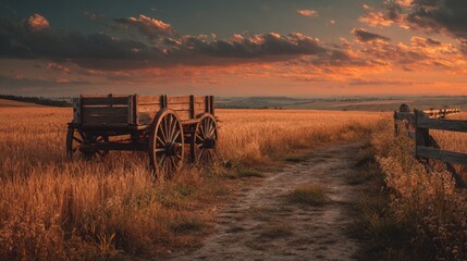 Fototapeta premium Rustic wooden wagon in a golden wheat field at sunset