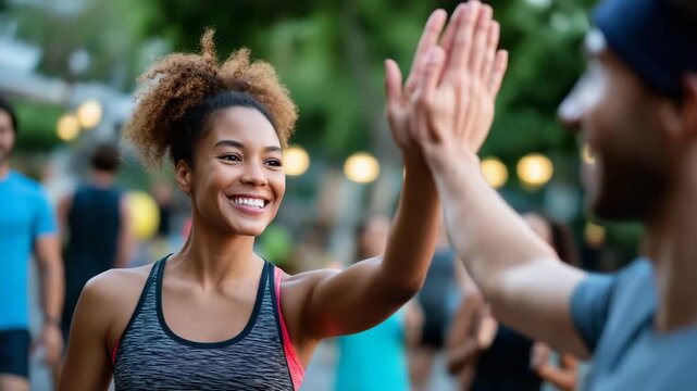 Outdoor boot camp class participants high fiving after workout, public park fitness community scene, group achievement celebration, perfect for social exercise motivation and conte