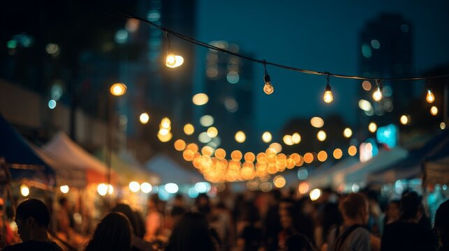 Vibrant night market with string lights and bustling crowd