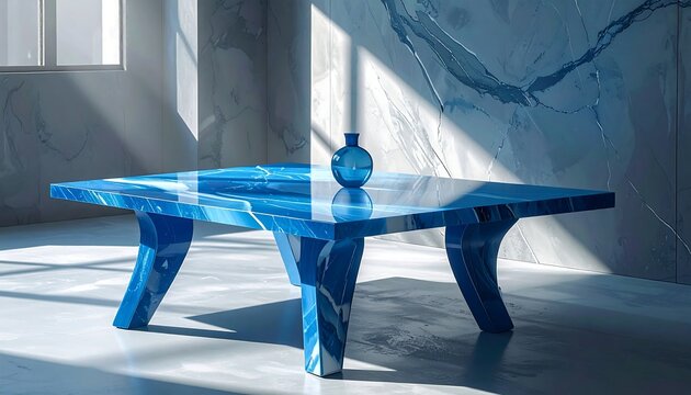 An eye-level shot captures a blue, marbled table with matching legs, a small glass vase, and a marbled wall bathed in light