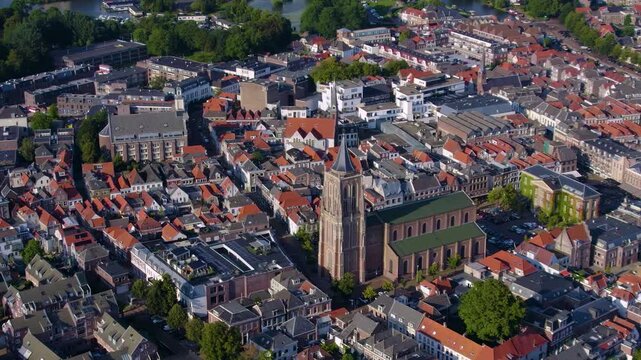 Aerial view around the city Gorinchem in netherlands on a sunny afternoon in summer 