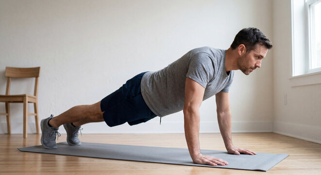 Morning light illuminates a man maintaining a firm plank for fitness
