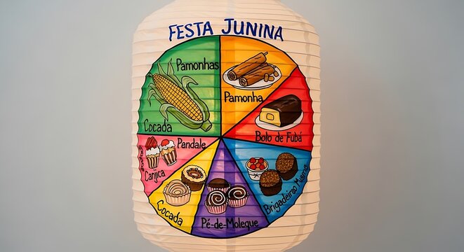 A colorful illustration of traditional Brazilian Festa Junina foods on a woven plate