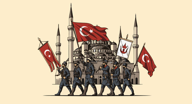 A procession of soldiers carrying flags marches before a large mosque