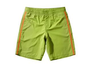 Isolated vibrant lime green athletic shorts with striking orange side stripes and elastic waist © Andrei