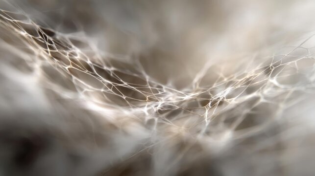 Close-up of a spider web. the web is made up of thin, white strands that are tangled together in a complex pattern.