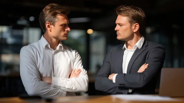 Two co-founders standing on opposite sides of office space during heated disagreement, body language tense, startup equity documents on table between them, afternoon light dividing