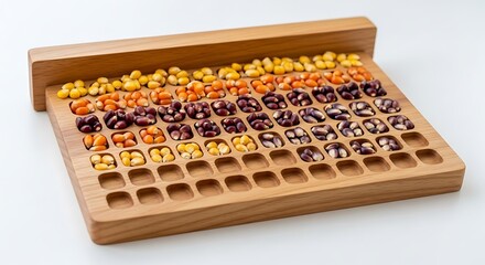 Naklejka premium A wooden board with colorful beads arranged in rows on a white background