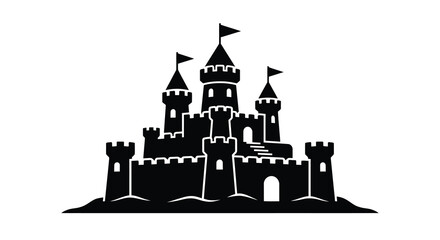 A dark castle with multiple towers and flags a striking silhouette © asma