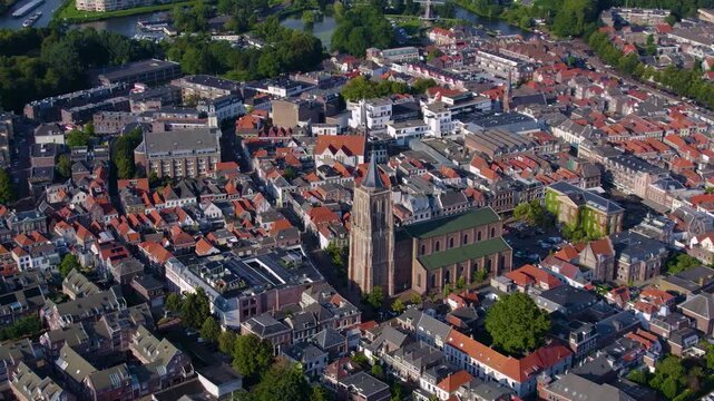 Aerial view around the city Gorinchem in netherlands on a sunny afternoon in summer 