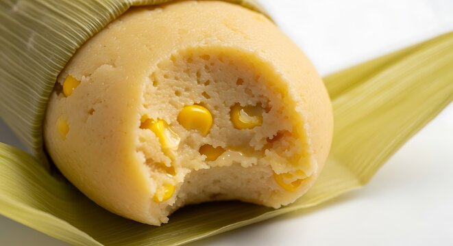 A close-up of a partially eaten corn dumpling wrapped in a green leaf on a white surface