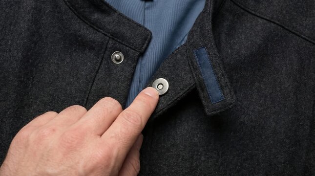 Hand Fastening a Snap Button on a Dark Fabric Jacket