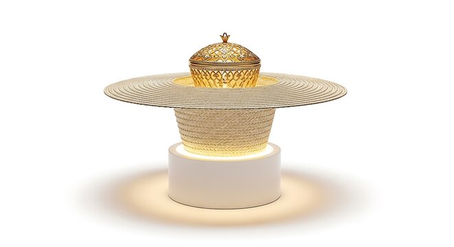A luxurious gold crown sitting atop a modern illuminated pedestal with a unique textured design