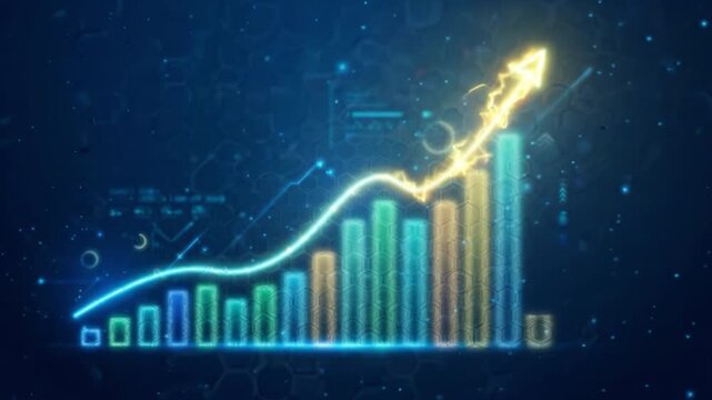 Glowing growth chart with rising bars, upward arrow, blue digital background, business finance data market analysis concept