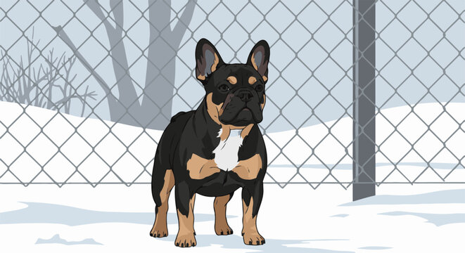 A pixelated illustration of a black and tan French Bulldog standing in a snowy landscape behind a chain-link fence