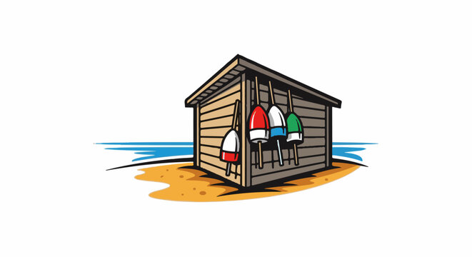 A quaint beach shack adorned with colorful buoys rests on a sandy shore beside the ocean waves