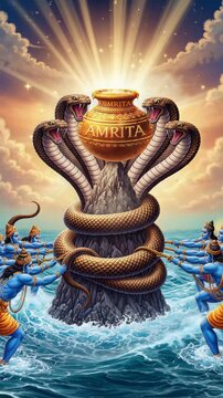 The churning of the cosmic ocean for Amrita, the nectar of immortality, guarded by a multi-headed serpent and surrounded by divine beings.