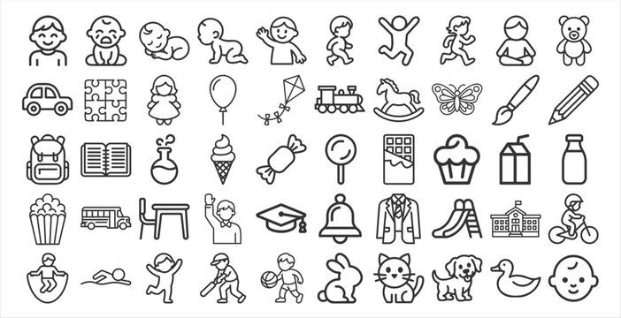 Kids Line Icon Set &ndash; 50 Editable Stroke Vector Icons