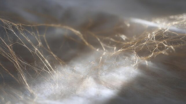 Close-up of a spider web. the web is made up of thin, golden strands that are intertwined and intertwining.