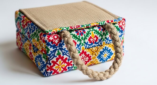 A colorful fabric box with a braided rope handle on a white background