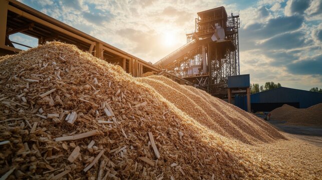 Piles of shredded corn stalks and wood chips near industrial site