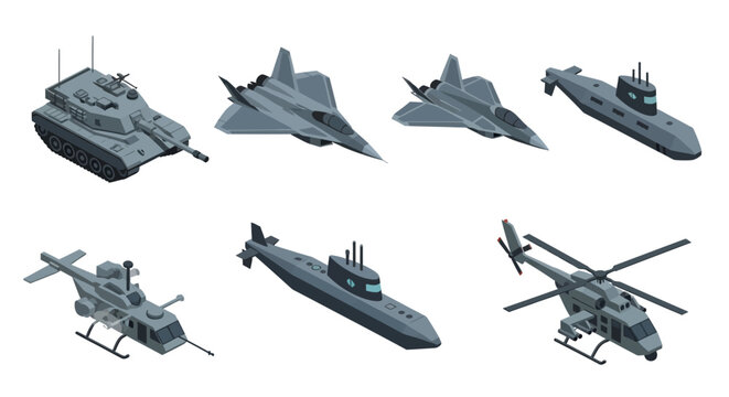 Isometric Military Vehicle Vector Set, Modern Tank, Stealth Fighter Jet, Helicopter, and Submarine Isolated on White