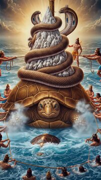 The cosmic churning of the ocean of milk, Samudra Manthan, with Vishnu as Kurma avatar supporting Mount Mandara, guarded by Nagas.