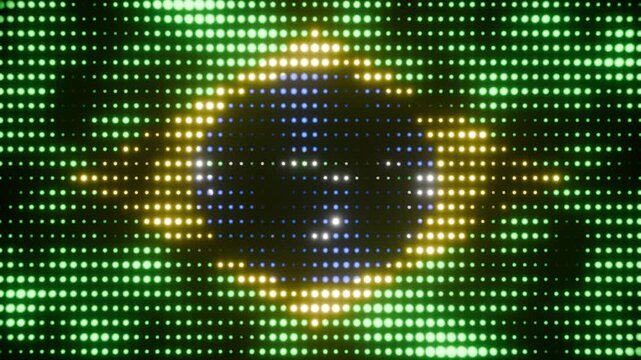 3D animated background of the Brazilian flag, stylized as glowing neon dots that shrink and grow in a seamless loop
