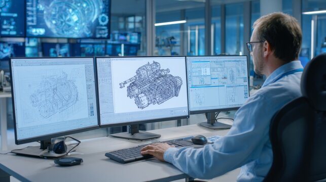 Engineer analyzing complex engine designs on multiple computer monitors
