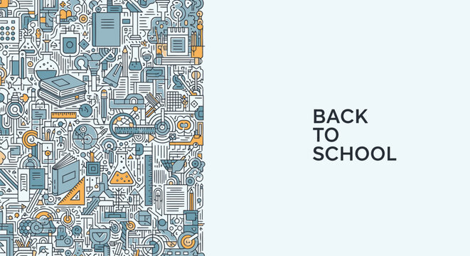 Back to school seamless pattern, educational icons, colorful texture, vector background