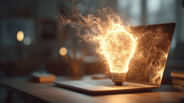 Creative concept of a glowing light bulb on a laptop in office