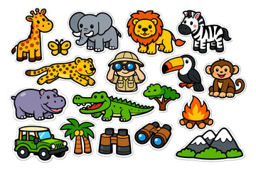 Fototapeta premium Colorful safari animal stickers with explorer and nature elements for kids.