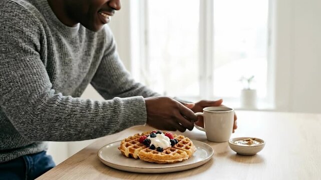 A person savoring a delightful breakfast, featuring a beautifully crafted waffle with delectable toppings, complemented by a warm beverage, creating a scene of relaxed and appetizing enjoyment.