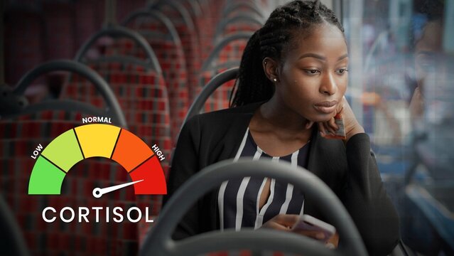 Woman on a bus, cortisol level gauge showing high stress indicator